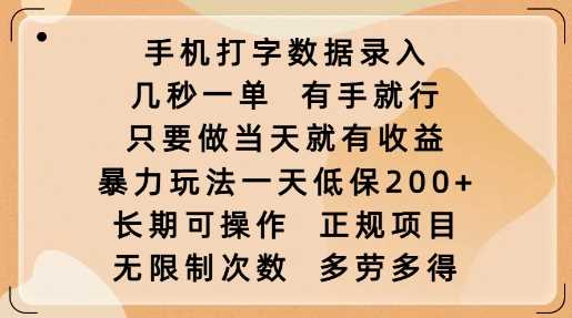 手机打字数据录入，几秒一单，有手就行，只要做当天就有收益，*玩法一天低保2张