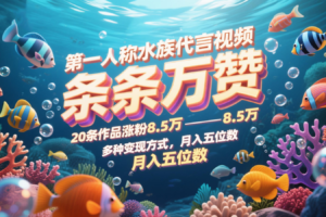 第一人称水族代言视频，条条万赞，20条作品涨粉8.5万，多种变现方式月，入五位数-麦资源网