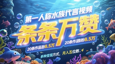 *人称水族代言视频，条条万赞，20条作品涨粉7.8W，多种变现方式月入五位数