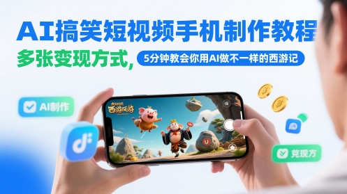 AI搞笑短视频手机制作教程，多张变现方式，5分钟教会你用AI做不一样的*记