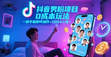 抖音男粉项目*玩法，一部手机即可操作，日均4张+，时间自由