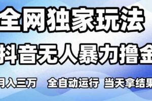 全网独家玩法，抖音无人暴力撸金，月入3W，全自动运行，当天拿结果，可矩阵【揭秘】-麦资源网