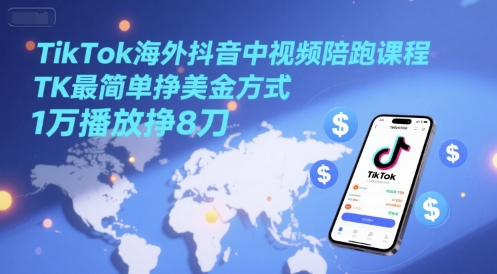TikTok海外抖音中视频陪跑课程，TK*挣美金方式，1万播放挣8刀