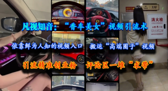 凡视知音：“香车美女”视频引流术，依靠鲜为人知的视频入口，搬运“*圈子”视频，引流*创业粉，评论区一堆“求带”