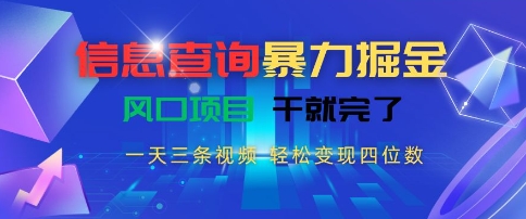信息查询*掘金，一天三条视频，轻松变现四位数，风口项目干就完了【揭秘】