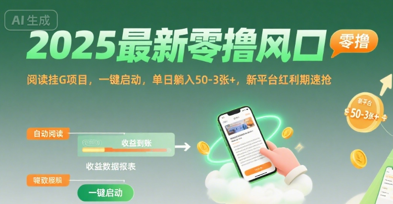 2025*零撸风口，阅读挂G项目，一键启动，单日躺入 50-3张+，新平台红利期速抢【揭秘】