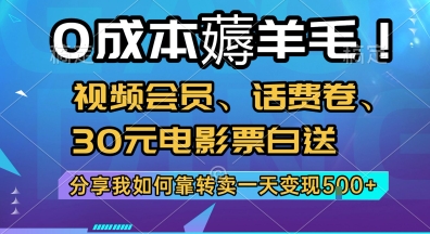 *薅羊毛!视频会员、话费卷、30元电影票白送，分享我如何靠转卖一天变现5张+【揭秘】