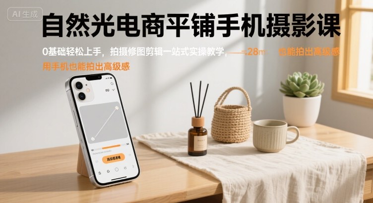 自然光电商平铺手机摄影课，0基础轻松上手，拍摄修图剪辑一站式实操教学，用手机也能拍出*感