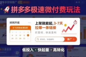 8月26号拼多多极速微付费玩法，8-10月份必须玩的，上架就能起，3-7天拉爆一条链接-麦资源网