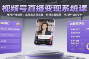 视频号直播变现系统课，账号开通装修、直播全流程准备、私域流量运营、成交转化技巧等-麦资源网