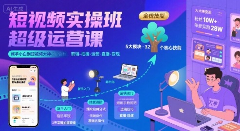 短视频实操班*运营课，新手小白到短视频大神必修课程，剪辑-拍摄-运营-直播-变现