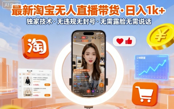 *淘宝无人直播带货，日入1k+，*技术，无*无封号，无需露脸无需说话【揭秘】