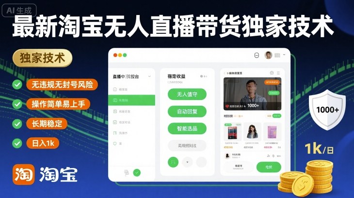 *淘宝无人直播带货*技术，无*无封号风险，操作简单易上手，长期稳定日入1k【揭秘】