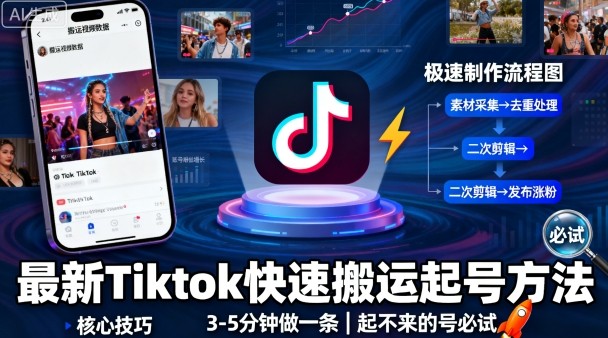 *Tiktok快速搬运快速起号方法，3-5分钟做一条，起不来的号可以试试