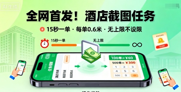 **！酒店截图任务，15秒一单，每单0.6米，任务无上限不设限，矩阵操作单日3张到手【揭秘】