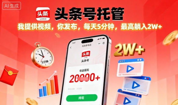 【头条号托管】我提供视频，你发布，每天5分钟，*躺入2W+【揭秘】