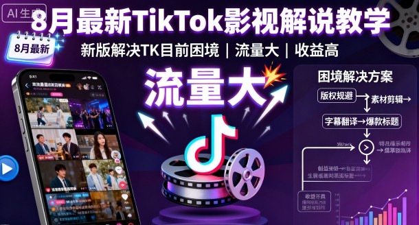 8月*TikTok影视解说教学，新版解决TK目前困境，流量大，收益高