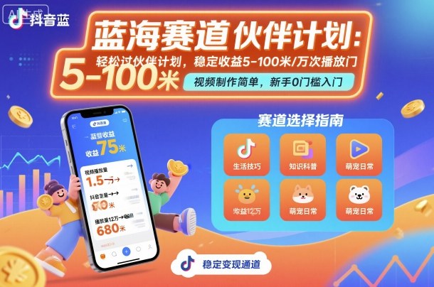 抖音蓝海赛道，轻松过伙伴计划，视频制作简单，万次播放收益在5-100米，*