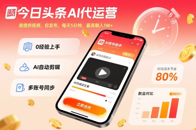 今日头条AI代运营，我提供视频，你发布，每天5分钟，*躺入1W+【揭秘】