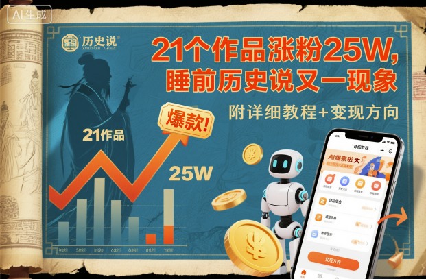 21个作品涨粉25W，睡前历史说又一现象级AI内容大*来啦，附详细教程+变现方向