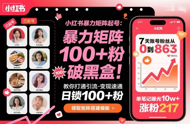小红书*矩阵起号，教你打通引流-变现速通，日锁100+粉，破流量黑盒
