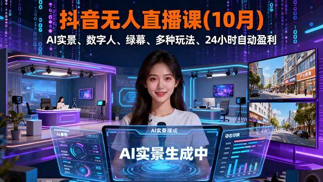 图片[1]-（16355期）抖音无人直播课(10月)，AI实景、数字人、绿幕、多种玩法、24小时自动盈利