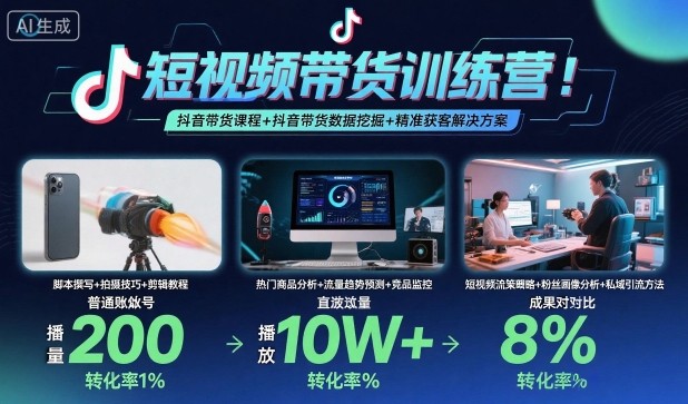 短视频带货训练营，抖音带货课程+抖音带货数据挖掘+*获客解决方案