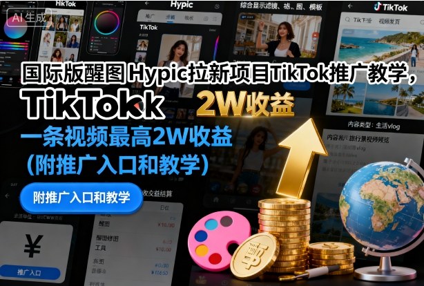 国际版醒图Hypic拉新项目TikTok推广教学，一条视频*2W收益（附推广入口和教学）