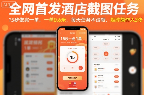 **酒店截图任务，15秒做完一单，一单0.6米，每天任务不设限，矩阵操作日入3张【揭秘】