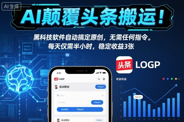 AI*头条搬运！黑科技软件自动搞定原创，无需任何指令。每天仅需半小时，*3张【揭秘】