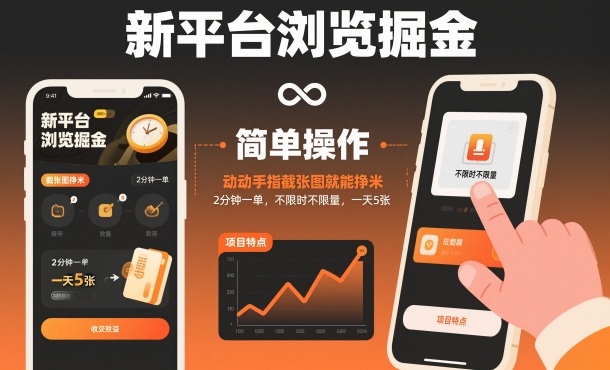 新平台浏览掘金，动动手指截张图就能挣米，2分钟一单，不限时不*，一天5张【揭秘】