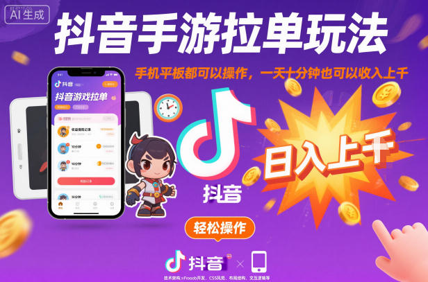 抖音手游拉单玩法，手机平板都可以操作，一天*钟也可以收入上K【揭秘】