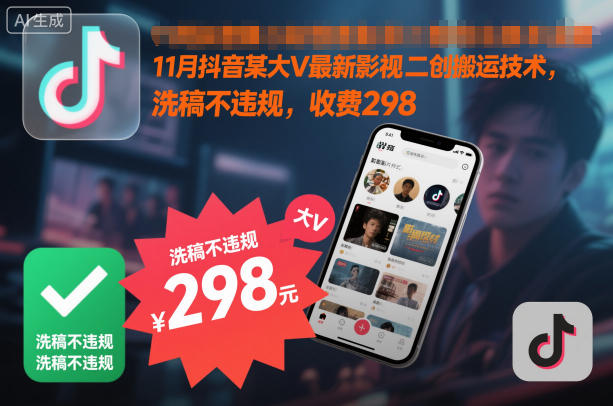 11月抖音某大V*影视二创搬运技术，洗稿不*，收费298