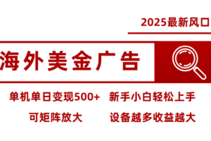 最新海外广告美金，全自动挂机，单机单日500+，可矩阵放大，新手小白轻松上手-麦资源网
