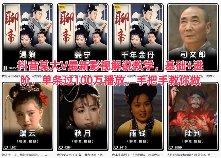 抖音某大V*影视解说教学，基础+进阶，单条过100万播放，手把手教你做