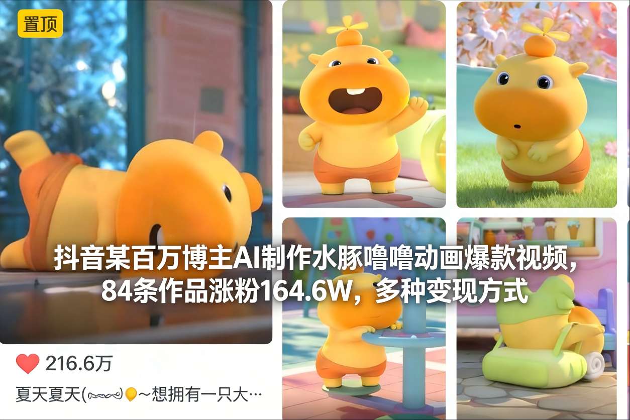 抖音某百万博主AI制作水豚噜噜动画*视频，84条作品涨粉164.6W，多种变现方式