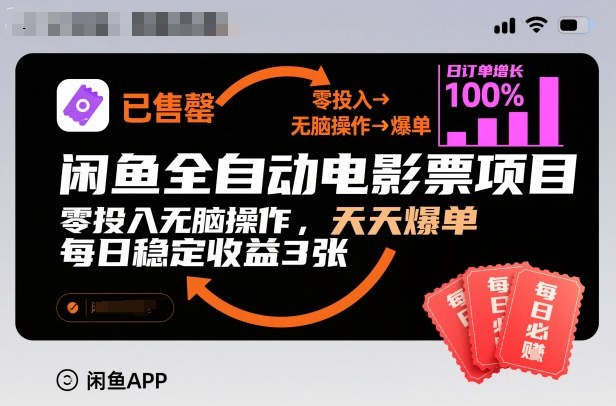 闲鱼全自动电影票项目，零投入无脑操作，天天爆单，每日*3张【揭秘】