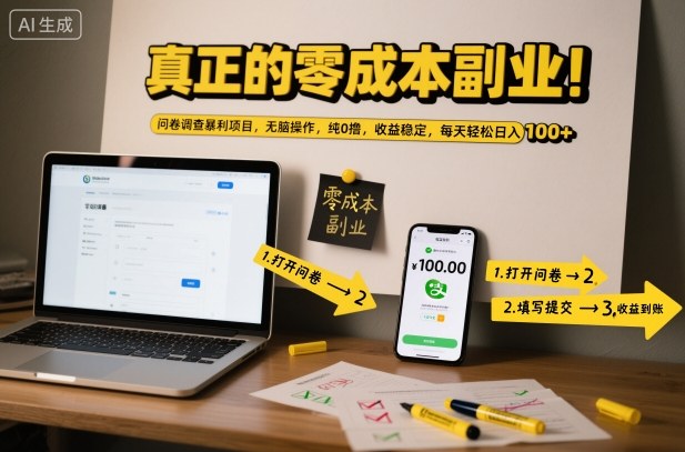 *的零成本副业！问卷调查暴利项目，无脑操作，纯0撸，收益稳定，每天轻松日入100+【揭秘】