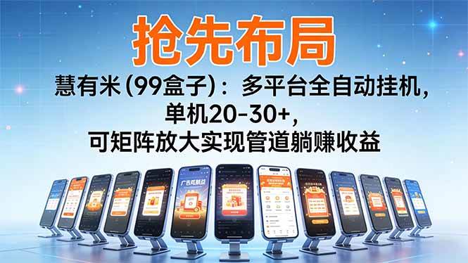 图片[1]-（16757期）【抢先布局】慧有米（99盒子）：多平台全自动挂机，单机20-30+，可矩阵放大实现管道躺赚收益