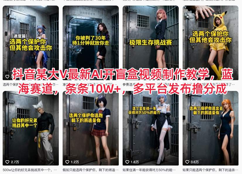 抖音某大V*AI开盲盒视频制作教学，蓝海赛道，条条10W+，多平台发布撸分成