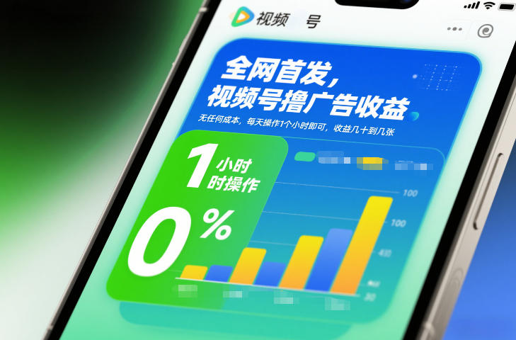 **，视频号撸广告收益，无任何成本，每天操作1个小时即可，收益几十到几张