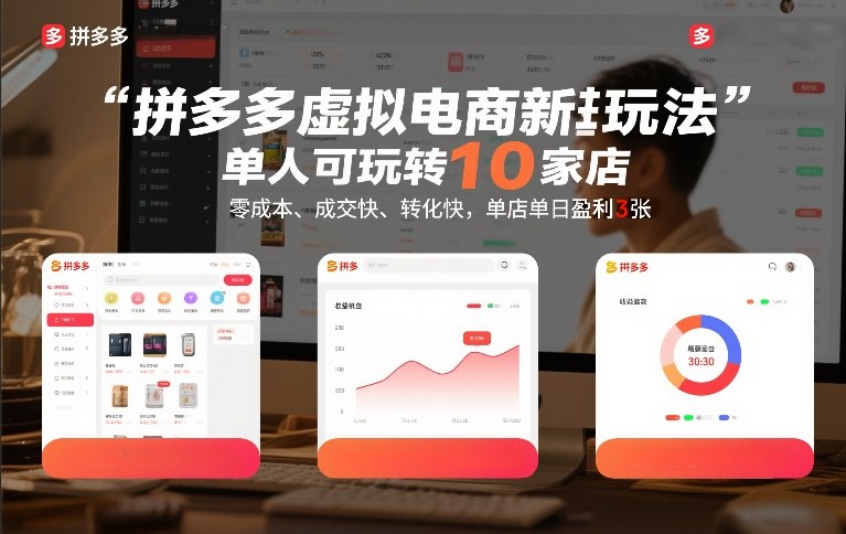 拼多多虚拟电商新玩法，单人可玩转10家店，零成本、*快、转化快，单店单日盈利3张【揭秘】