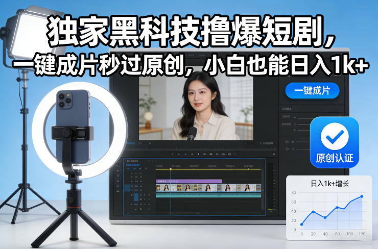 *黑科技撸爆短剧，一键成片秒过原创，小白也能日入1k+【揭秘】