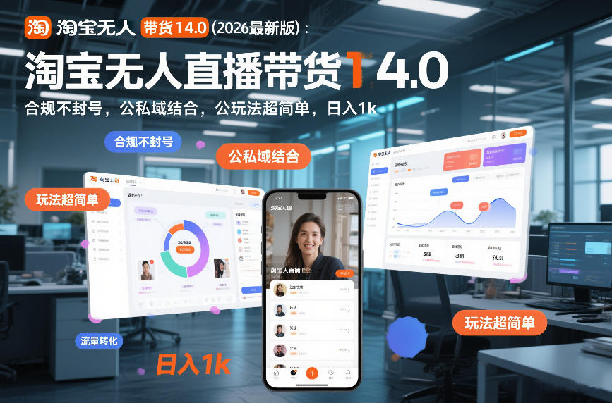 淘宝无人直播带货14.0（2026*版）：合规不封号，公私域结合，玩法超简单，日入1k+【揭秘】