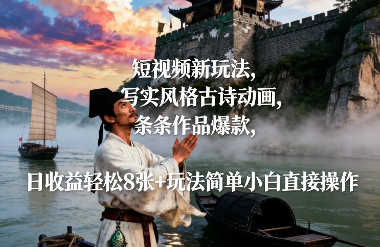 短视频新玩法，写实风格古诗动画，条条作品*，日收益轻松8张+玩法简单小白直接操作