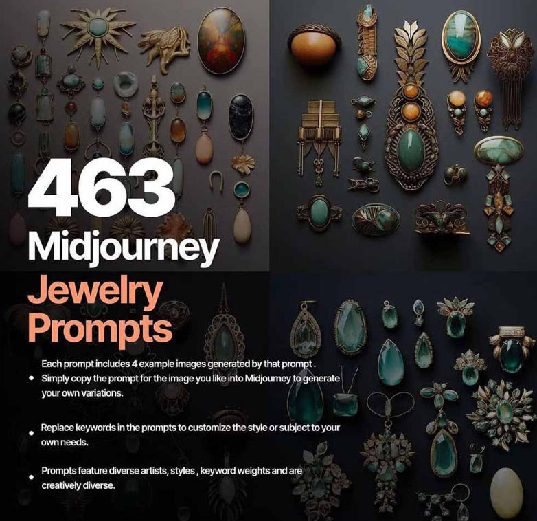 460+*Midjourney珠宝摄影AI提示词戒指，项链-耳环-手链-宝石等，立即开始创作珠宝艺术