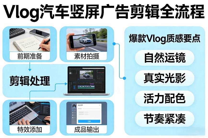 Vlog感觉汽车竖屏广告剪辑脚本全流程，拿捏*Vlog质感