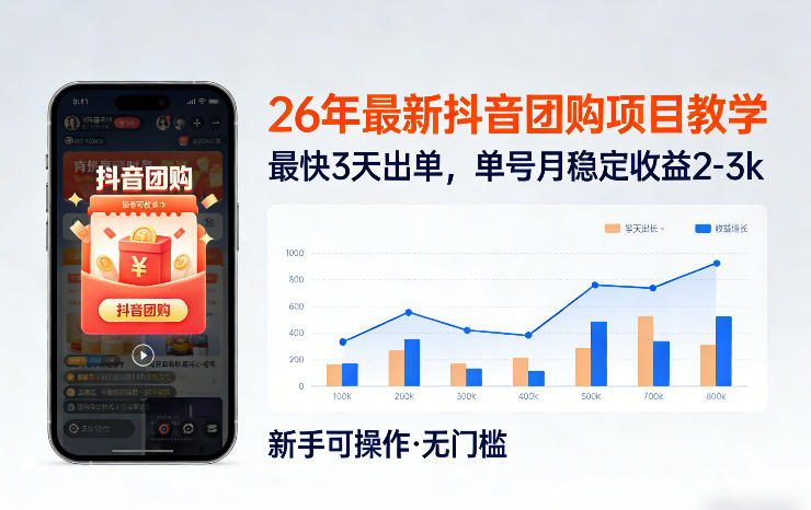 26年*抖音团购项目教学，0门槛，最快3天出单，单号月*2-3k（更新3月19日）