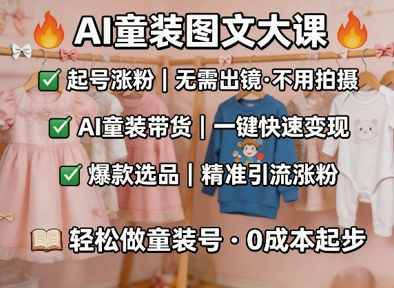 AI童装图文剪辑，某社群童装图文大课，起号涨粉、AI童装带货、*选品，无需出镜和拍摄