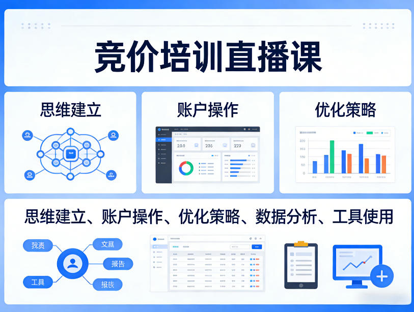 竞价培训直播课，覆盖思维建立、账户操作、优化策略、数据分析、工具使用等，*提升效果